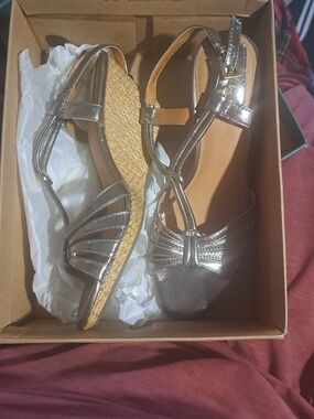 Clarks Metallic Pewter Wedge Sandals with Espadrille Heel